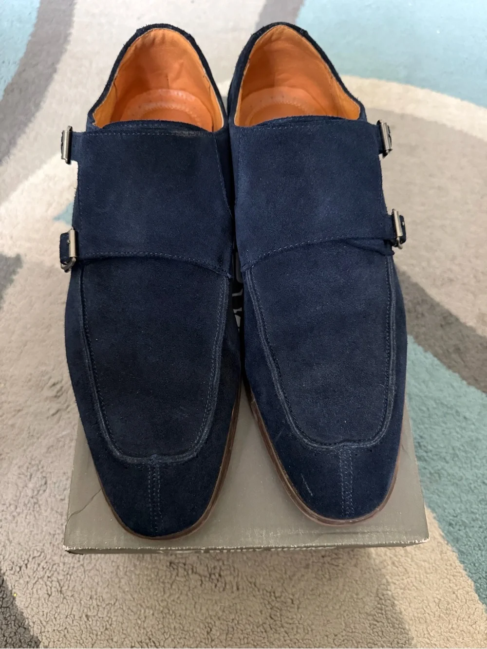Stacy Adams Navy Suede Double Monk Strap Oxfords with Tan Lining